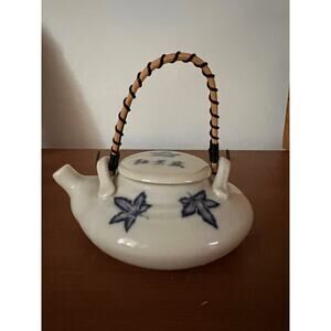 Tea Pot Saki Japan Bamboo Handle White Blue Leaves Ceramic Kettle